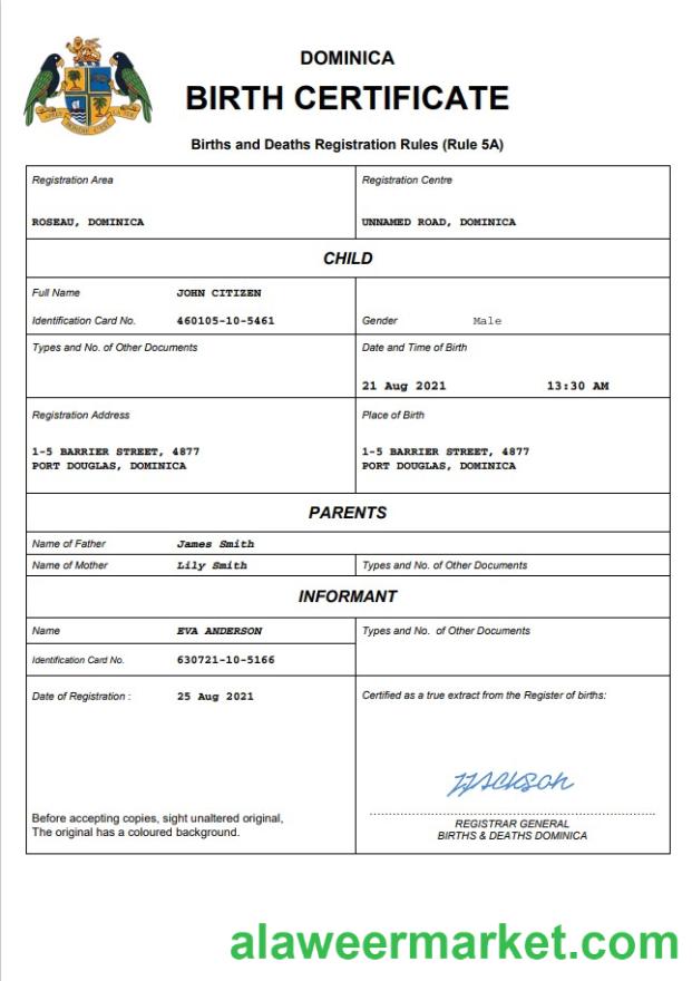 Dominica vital record birth certificate Word and PDF template